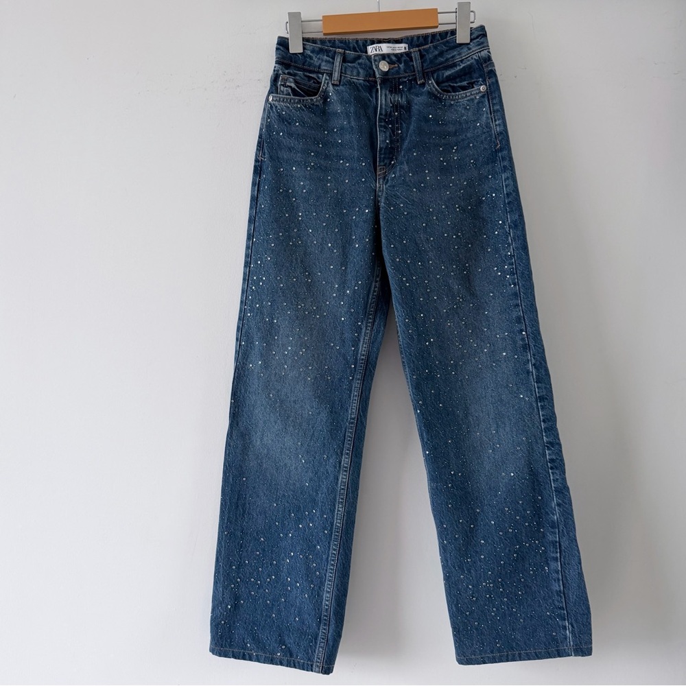 Zara Rhinestone Straight Leg Jeans XS 24 US 2 | High Rise Blue Y2K Party Denim - Picture 2 of 14